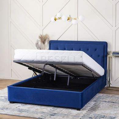 Кровать двуспальная бархатная MEBEL ELITE CROS Velvet 140x200 см Синий реальная фотография