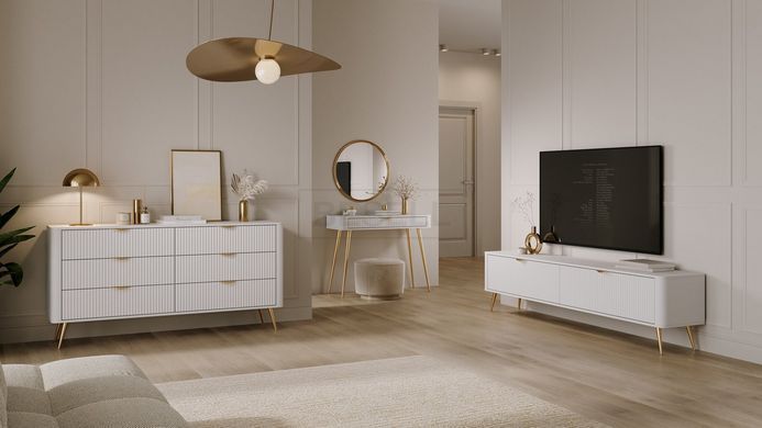 Тумба под телевизор Perfect Home Ланте/Lante 2-дверная с золотыми ножками 2D/200 Белый реальная фотография