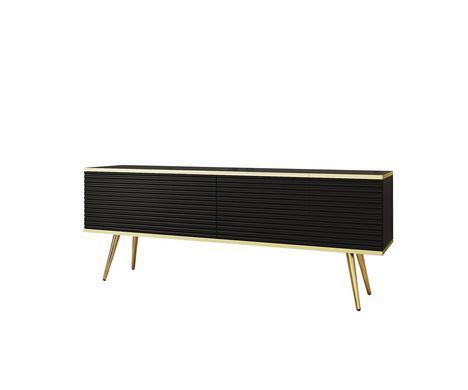 Тумба під телевізор Perfect Home Оро / Oro 2-дверна з золотими ніжками RTV135 MDF Чорний жива фотографія