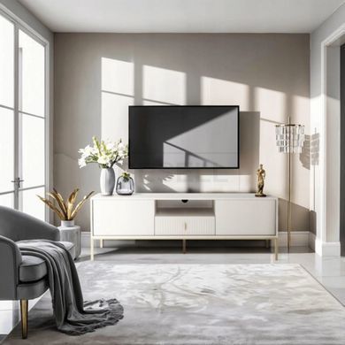 Тумба под телевизор рифленая MEBEL ELITE MARCOS 154 см Кашемир/золото реальная фотография