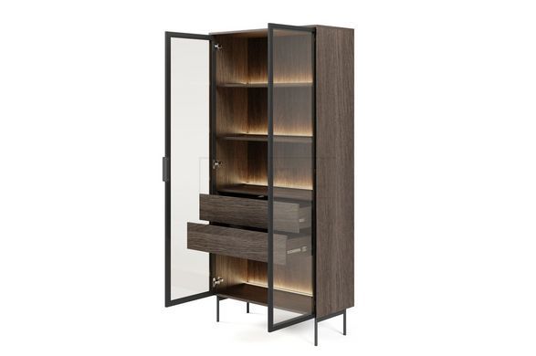 Витрина высокая с подсветкой Perfect Home Луми / Lumi 2D2S/91 2-дверная с 2 ящиками Дуб Дунин реальная фотография