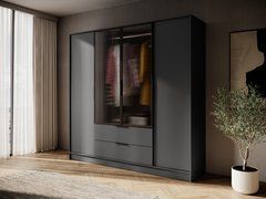 Гардеробна / шафа для одягу Perfect Home Келлі / Kelly 4DRM 4-дверна з центральними прозорими дверцятами та реєю Графіт жива фотографія