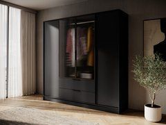 Гардеробна / шафа для одягу Perfect Home Келлі / Kelly 4DRM 4-дверна з центральними прозорими дверцятами та реєю Чорний жива фотографія