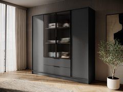 Гардеробна / шафа для одягу Perfect Home Келлі / Kelly 4DRM 4-дверна з центральними прозорими дверцятами та додатковими полицями Графіт жива фотографія