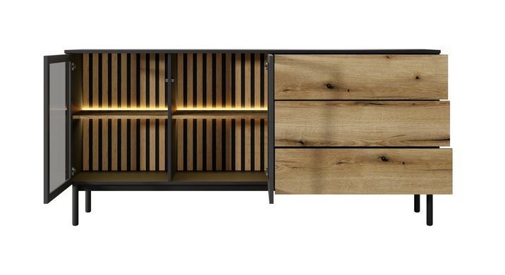 Комод с подсветкой Perfect Home Ланг/Lang 2-дверный с 3 ящиками 2D3S/180 Черный/дуб эвок реальная фотография