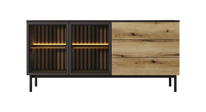 Комод с подсветкой Perfect Home Ланг/Lang 2-дверный с 3 ящиками 2D3S/180 Черный/дуб эвок реальная фотография