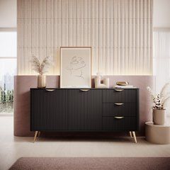 Комод Perfect Home Ланте/Lante 2-дверный с 3 ящиками и золотыми ножками 2D3S/163 Черный реальная фотография
