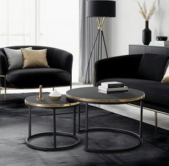 Комплект журнальних столиків MEBEL ELITE ARON, 70/47 і 50/42 см, Чорний мармур / Золото жива фотографія