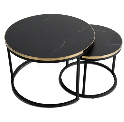Комплект журнальных столиков MEBEL ELITE ARON, 70/47 и 50/42 см, Черный мрамор / Золото реальная фотография